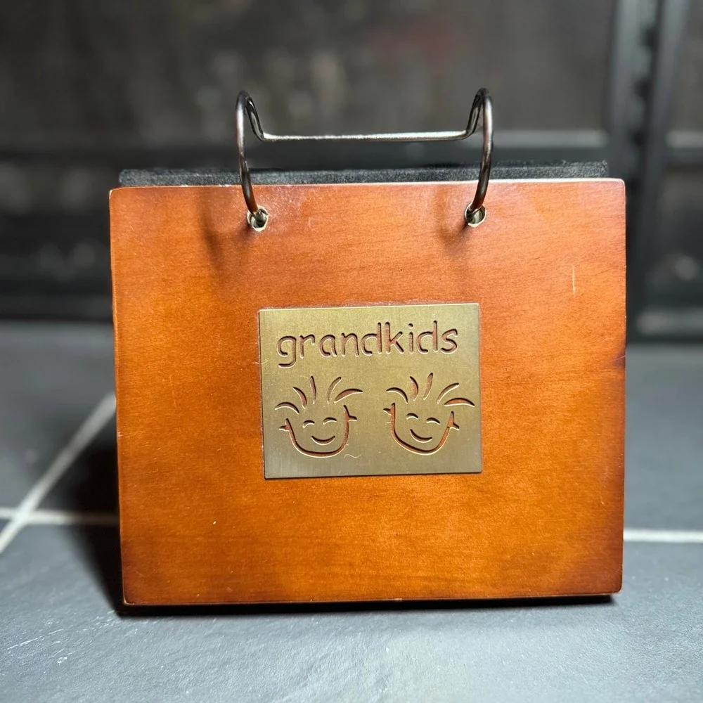 Grandkids Wooden Flip Photo Album Easel Stand Brown Wood Metal Accent 4x6
